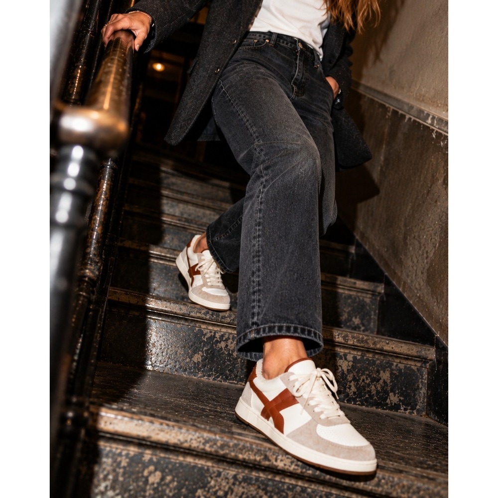 Tory Burch Hank Court Sneakers Leather Suede Ivory Cognac Brown Gum Sole 8